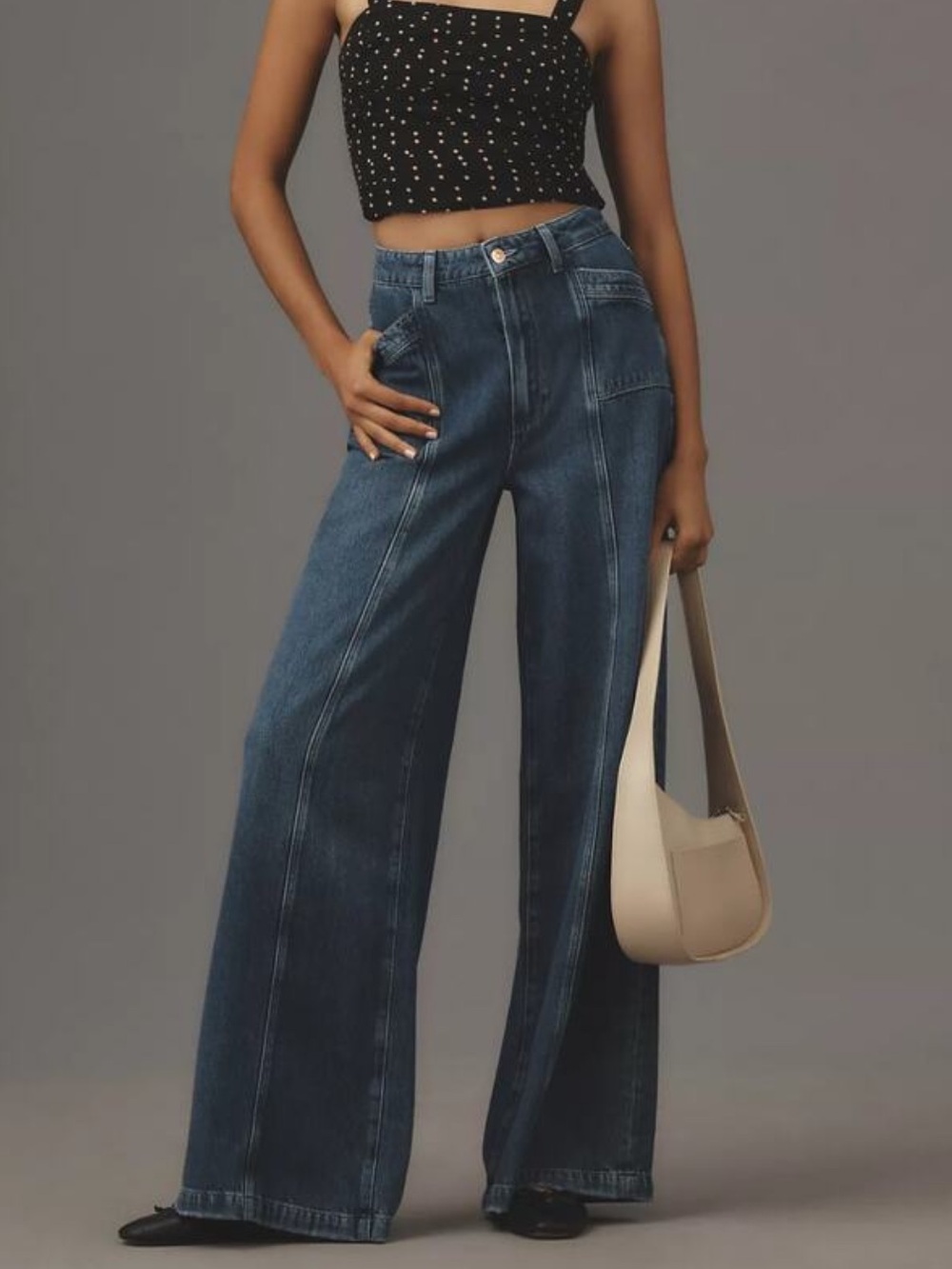 PAIGE Portia Dark Blue Wide-Leg Panel Seam Jeans